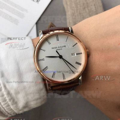 Perfect Replica Patek Philippe Calatrava Rose Gold Smooth Bezel Leather Strap 42mm Watch